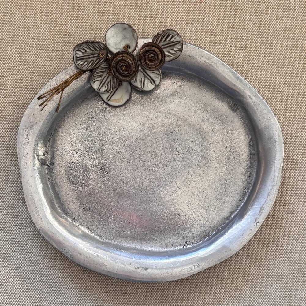 Artisan Ceramic Tray with Ceramic Flowers Attached Looks Pewter